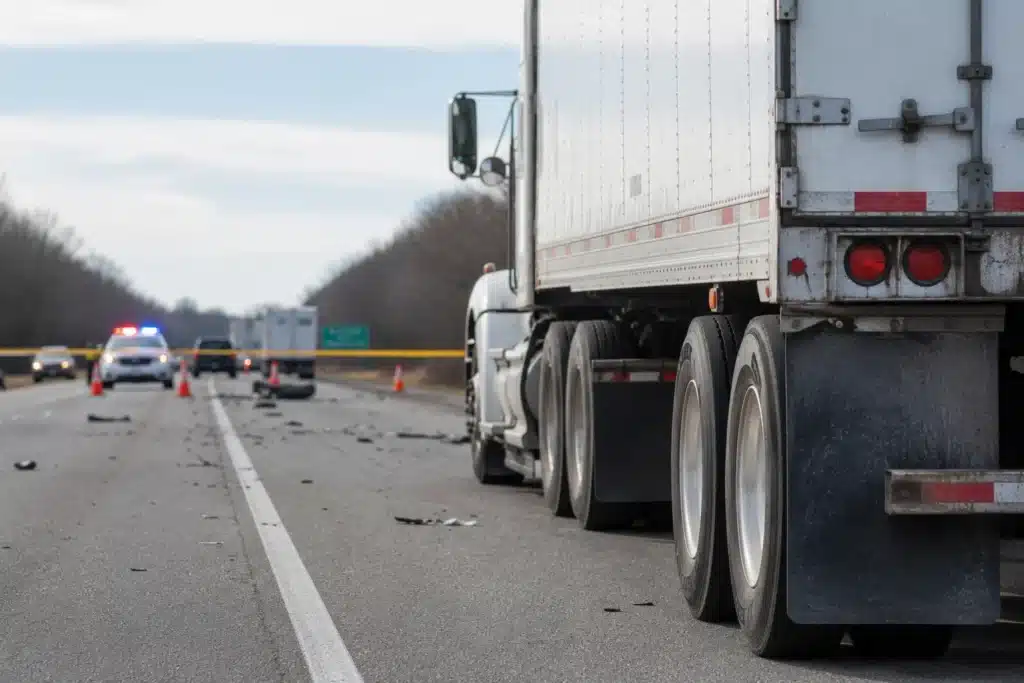 Semi-truck stopped on highway shoulder near multi-vehicle crash scene with police cars and traffic cones