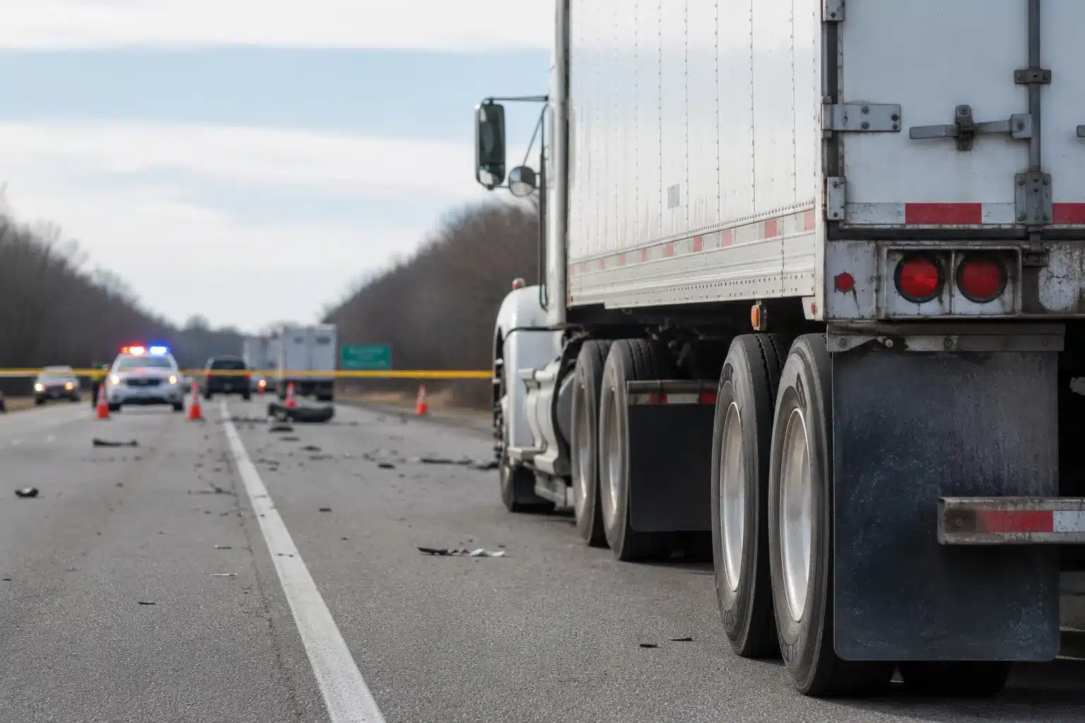 Semi-truck stopped on highway shoulder near multi-vehicle crash scene with police cars and traffic cones